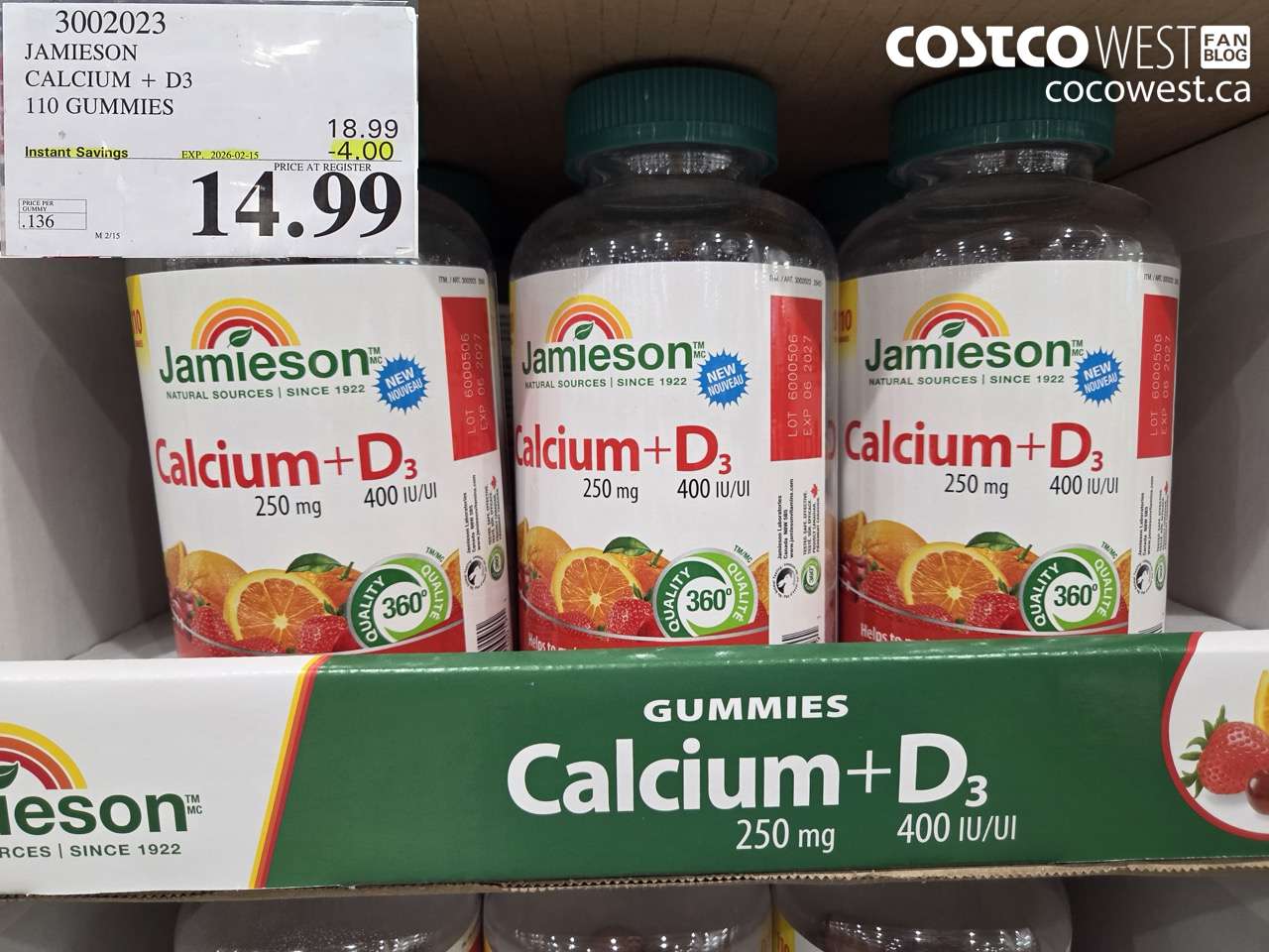 3002023 JAMIESON CALCIUM + D3 110 GUMMIES ($4.00 INSTANT SAVINGS EXPIRES ON 2026-02-15) $14.99