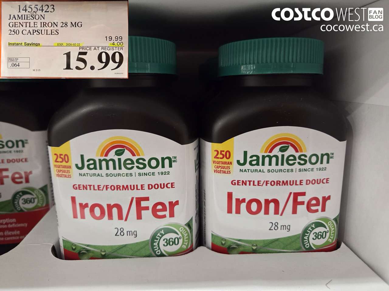 1455423 JAMIESON GENTLE IRON 28 MG 250 CAPSULES ($4.00 INSTANT SAVINGS EXPIRES ON 2026-02-22) $15.99