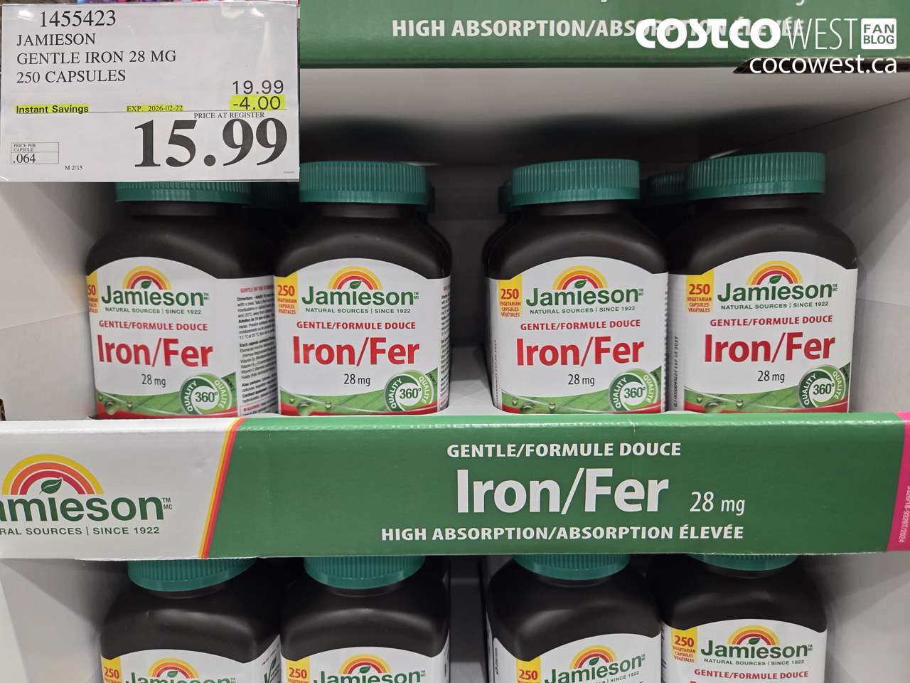 1455423 JAMIESON GENTLE IRON 28 MG 250 CAPSULES ($4.00 INSTANT SAVINGS EXPIRES ON 2026-02-22) $15.99