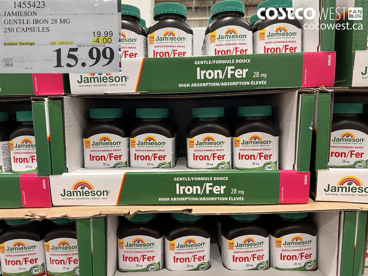 1455423 JAMIESON GENTLE IRON 28 MG 250 CAPSULES ($4.00 INSTANT SAVINGS EXPIRES ON 2026-02-22) $15.99