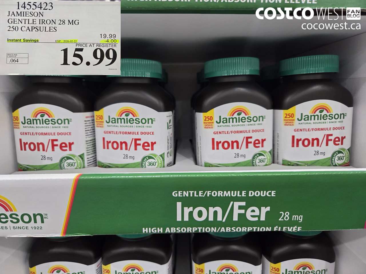 1455423 JAMIESON GENTLE IRON 28 MG 250 CAPSULES ($4.00 INSTANT SAVINGS EXPIRES ON 2026-02-22) $15.99