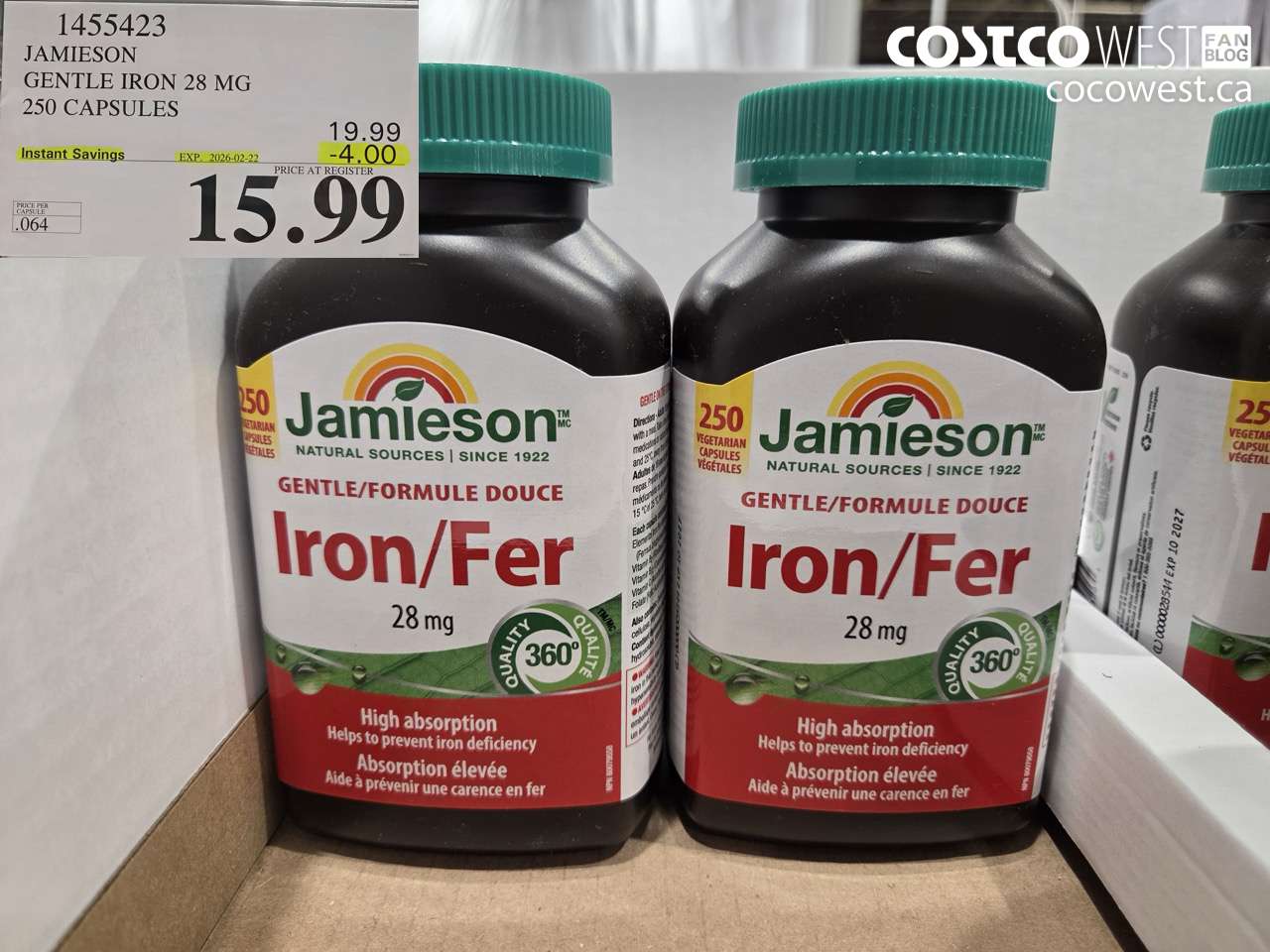 1455423 JAMIESON GENTLE IRON 28 MG 250 CAPSULES ($4.00 INSTANT SAVINGS EXPIRES ON 2026-02-22) $15.99
