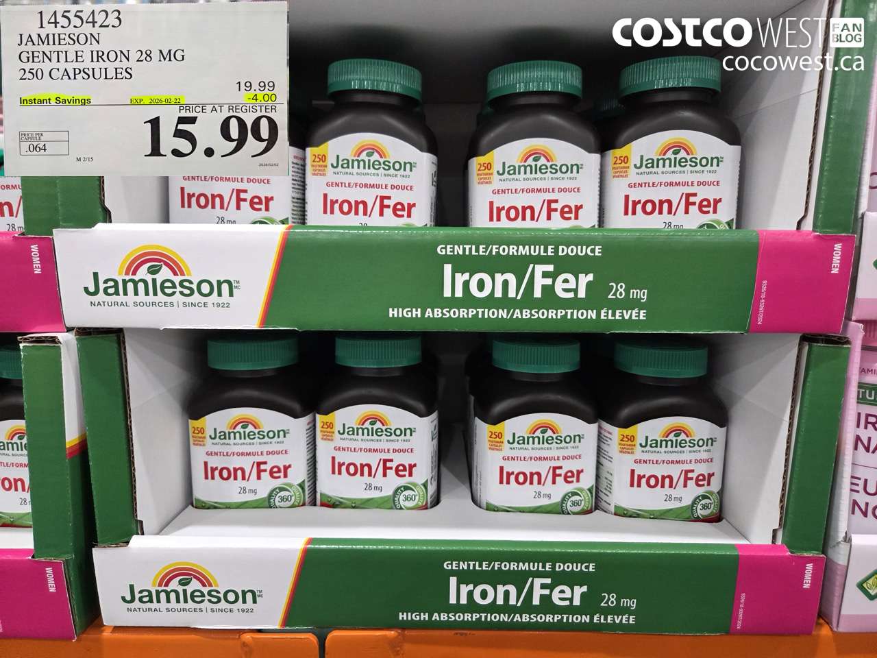 1455423 JAMIESON GENTLE IRON PLUS 28MG 250 CAPSULES ($4.00 INSTANT SAVINGS EXPIRES ON 2026-02-22) $15.99
