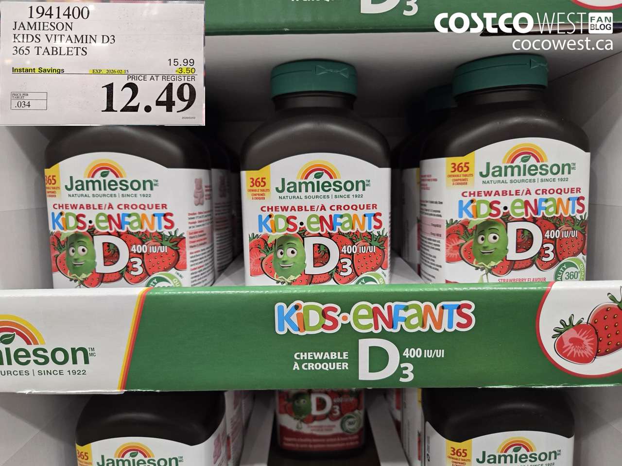 1941400 JAMIESON KIDS VITAMIN D3 365 TABLETS ($3.50 INSTANT SAVINGS EXPIRES ON 2026-02-15) $12.49