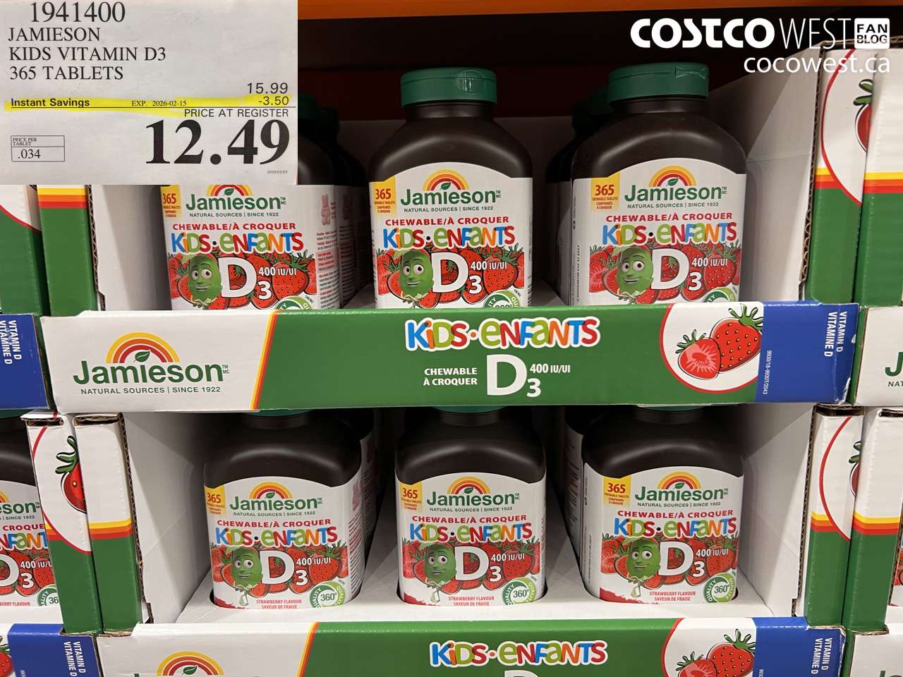 1941400 JAMIESON KIDS VITAMIN D3 365 TABLETS ($3.50 INSTANT SAVINGS EXPIRES ON 2026-02-15) $12.49