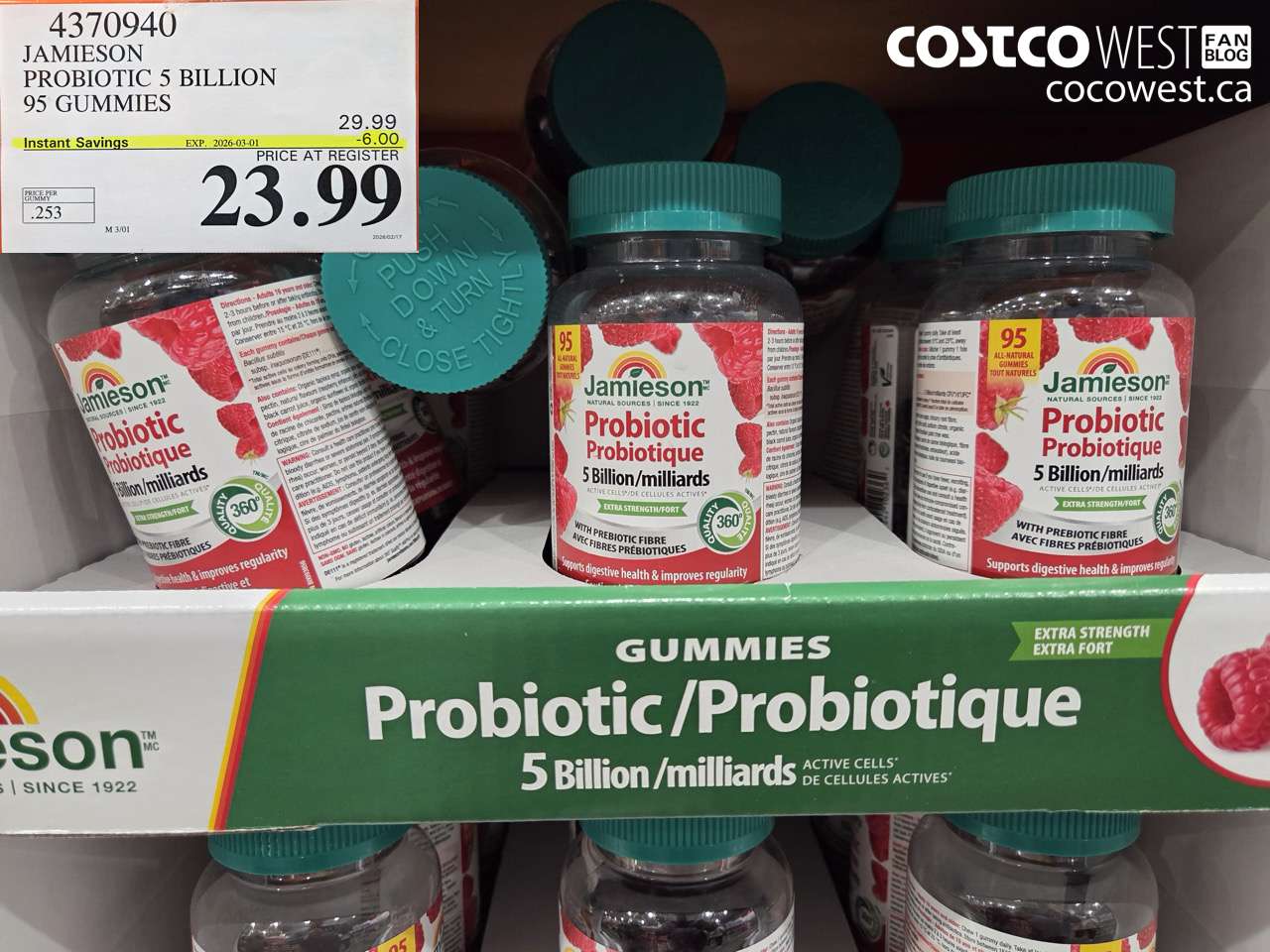 4370940 JAMIESON PROBIOTIC 5 BILLION 95 GUMMIES ($6.00 INSTANT SAVINGS EXPIRES ON 2026-03-01) $23.99