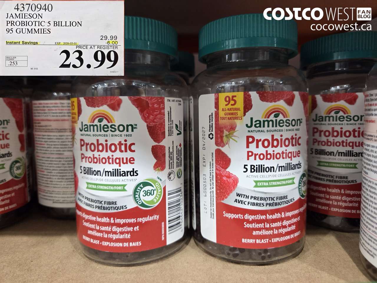 4370940 JAMIESON PROBIOTIC 5 BILLION 95 GUMMIES ($6.00 INSTANT SAVINGS EXPIRES ON 2026-03-01) $23.99