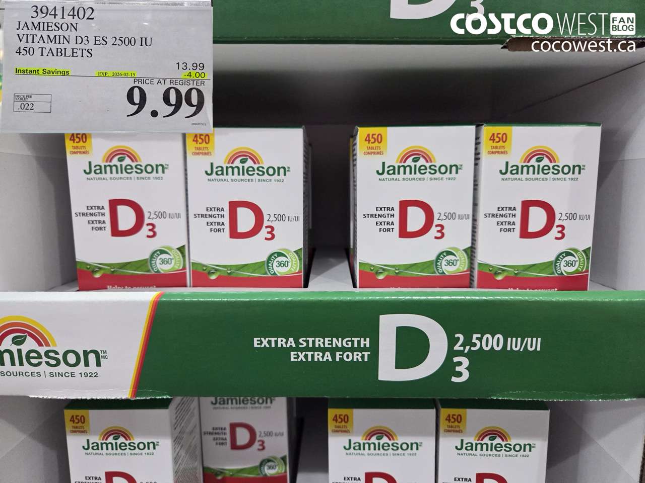 3941402 JAMIESON VITAMIN D3 2500IU 450 TABLETS ($4.00 INSTANT SAVINGS EXPIRES ON 2026-02-15) $9.99