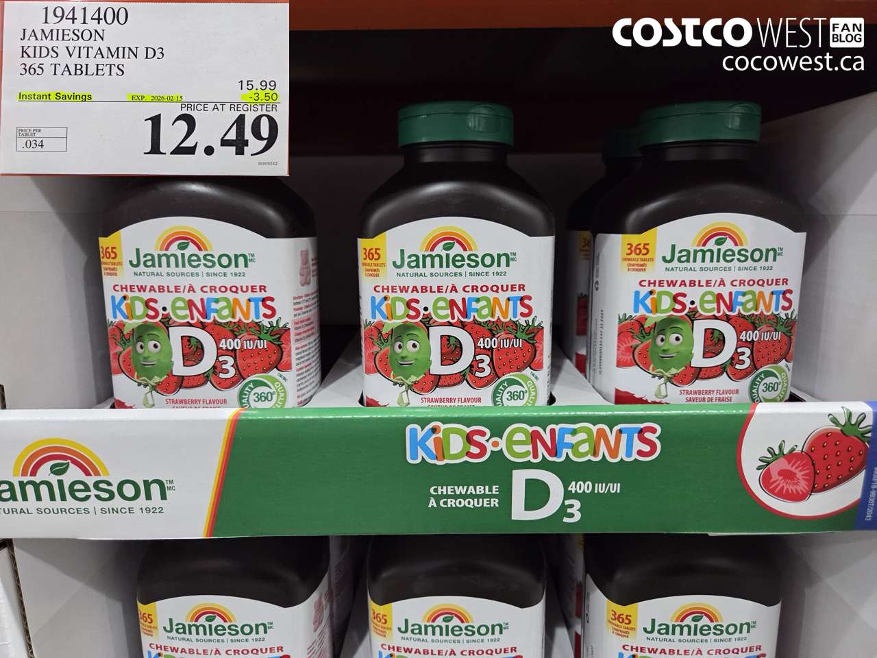 1941400 JAMIESON VITAMIN D3 FOR KIDS 365 TABLETS ($3.50 INSTANT SAVINGS EXPIRES ON 2026-02-15) $12.49