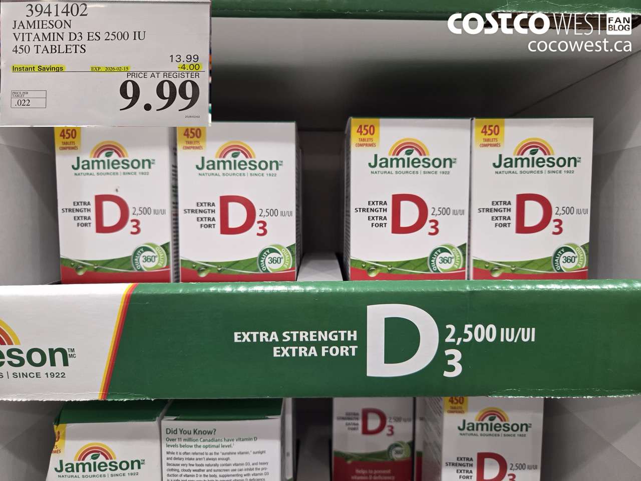 3941402 JAMISON VITAMIN D3 ES 2500 IU 450 TABLETS ($4.00 INSTANT SAVINGS EXPIRES ON 2026-02-15) $9.99