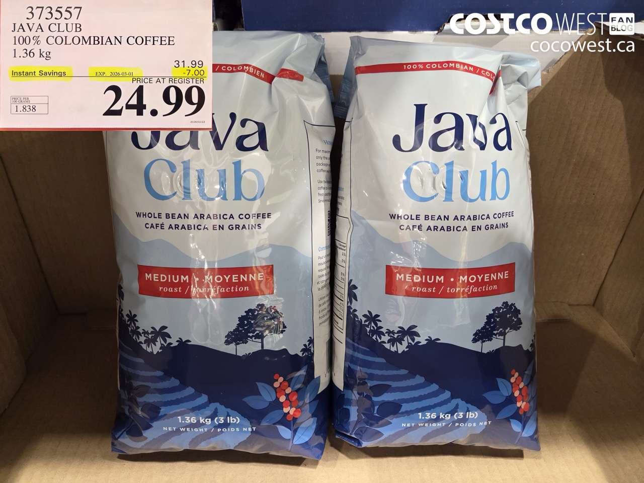 373557 JAVA CLUB 100% COLOMBIAN COFFEE 1.36 KG ($7.00 INSTANT SAVINGS EXPIRES ON 2026-03-01) $24.99