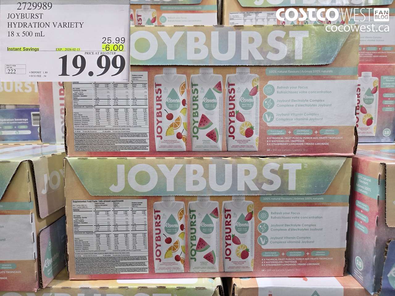 2729989 JOYBURST HYDRATION VARIETY 18 X 500ML ($6.00 INSTANT SAVINGS EXPIRES ON 2026-02-15) $19.99