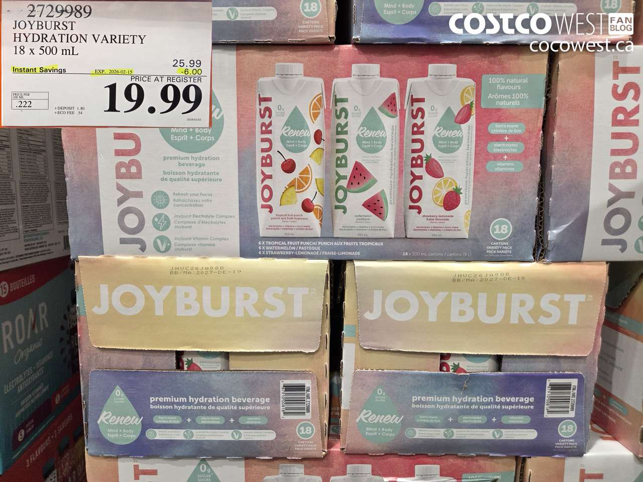 2729989 JOYBURST HYDRATION VARIETY 18 x 500 mL ($6.00 INSTANT SAVINGS EXPIRES ON 2026-02-15) $19.99