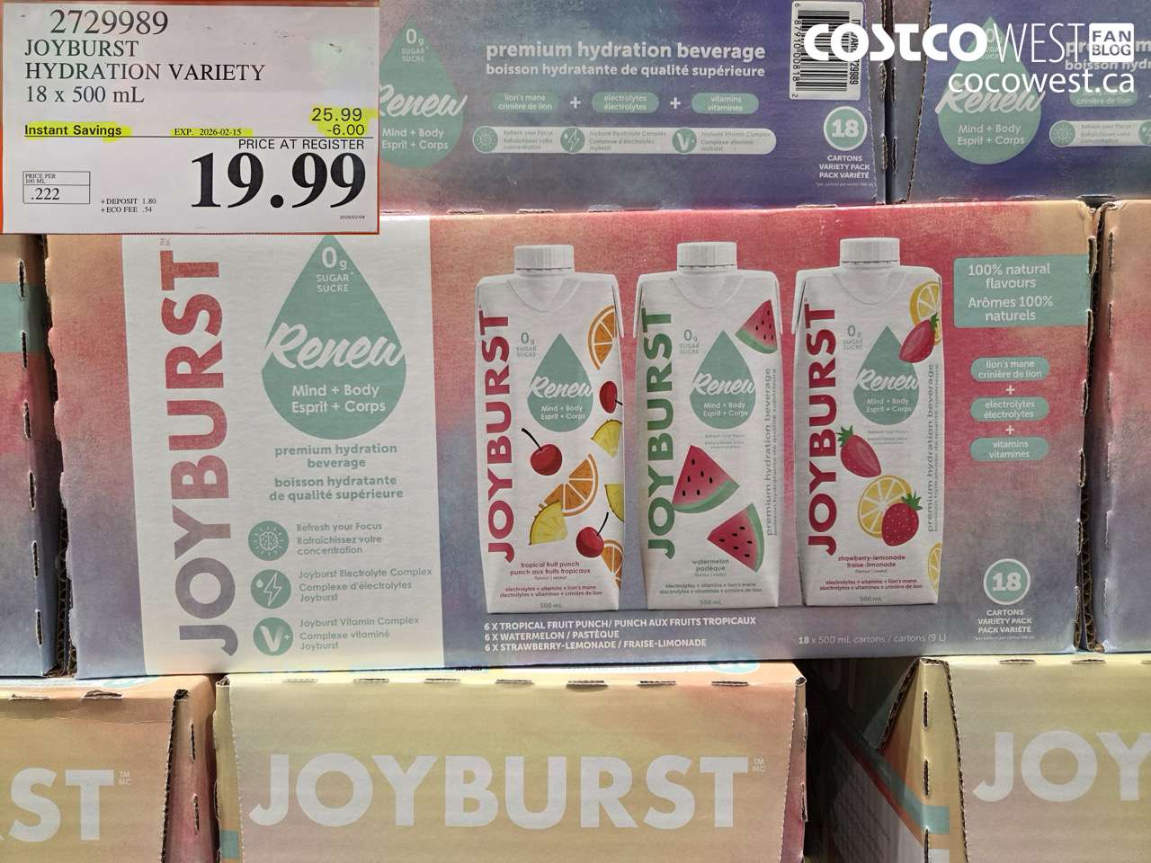 2729989 JOYBURST HYDRATION VARIETY 18 x 500 mL ($6.00 INSTANT SAVINGS EXPIRES ON 2026-02-15) $19.99