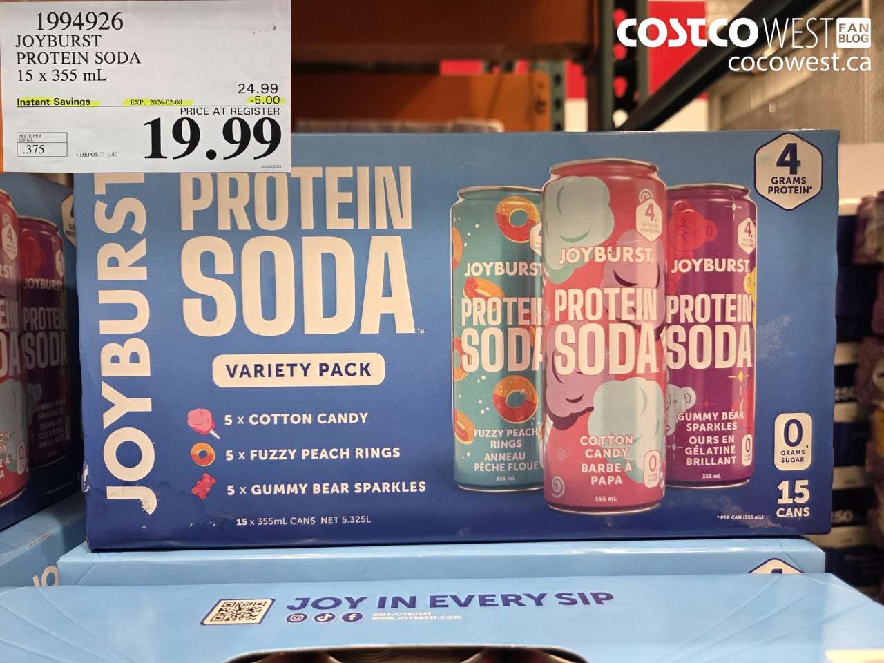 1994926 JOYBURST PROTEIN SODA 15 x 355 mL ($5.00 INSTANT SAVINGS EXPIRES ON 2026-02-08) $19.99