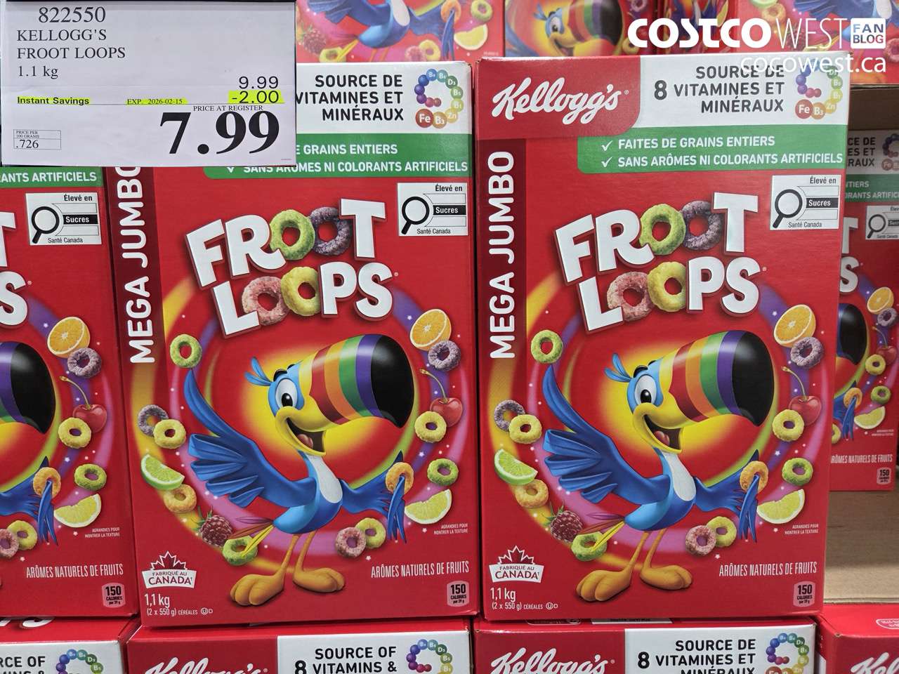 822550 KELLOGG'S FROOT LOOPS 1.1 kg ($2.00 INSTANT SAVINGS EXPIRES ON 2026-02-15) $7.99