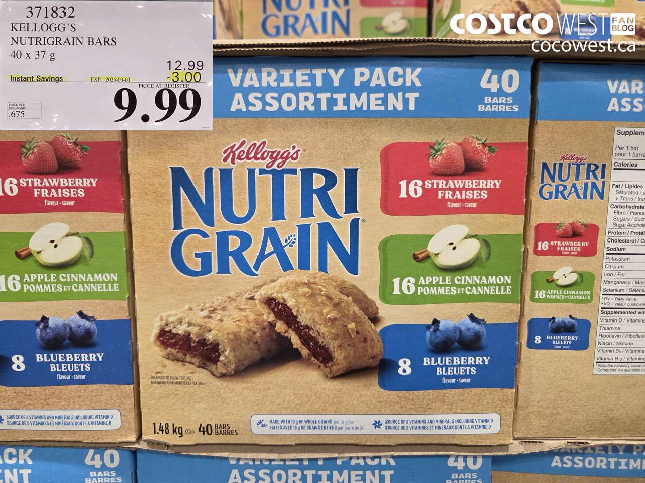 371832 KELLOGG'S NUTRIGRAIN BARS 40 X 37 G ($3.00 INSTANT SAVINGS EXPIRES ON 2026-03-01) $9.99