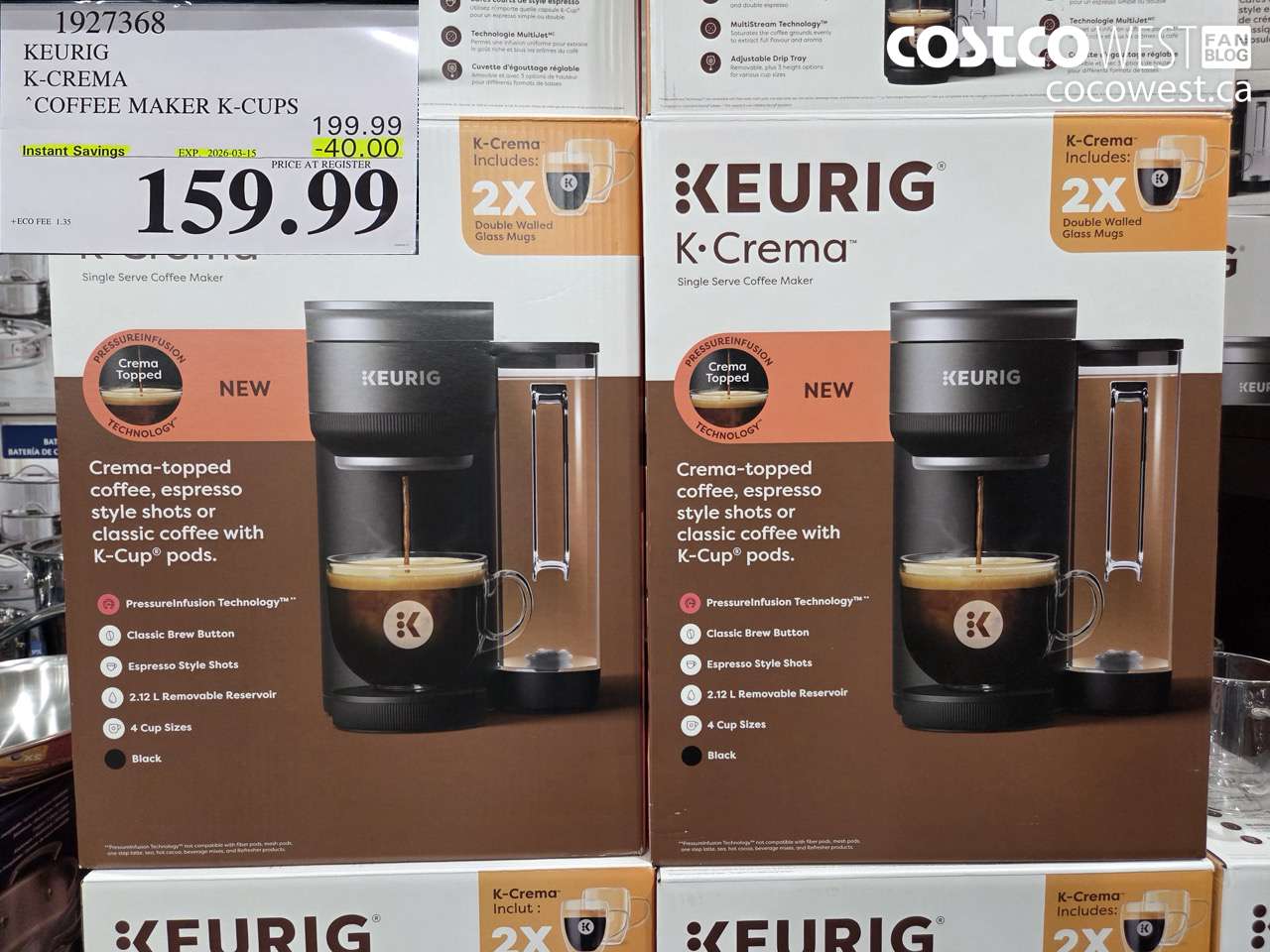 1927368 KEURIG K-CREMA COFFEE MAKER K-CUPS ($40.00 INSTANT SAVINGS EXPIRES ON 2026-03-15) $159.99