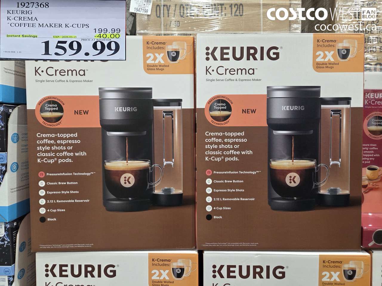 1927368 KEURIG K-CREMA COFFEE MAKER K-CUPS ($40.00 INSTANT SAVINGS EXPIRES ON 2026-03-15) $159.99