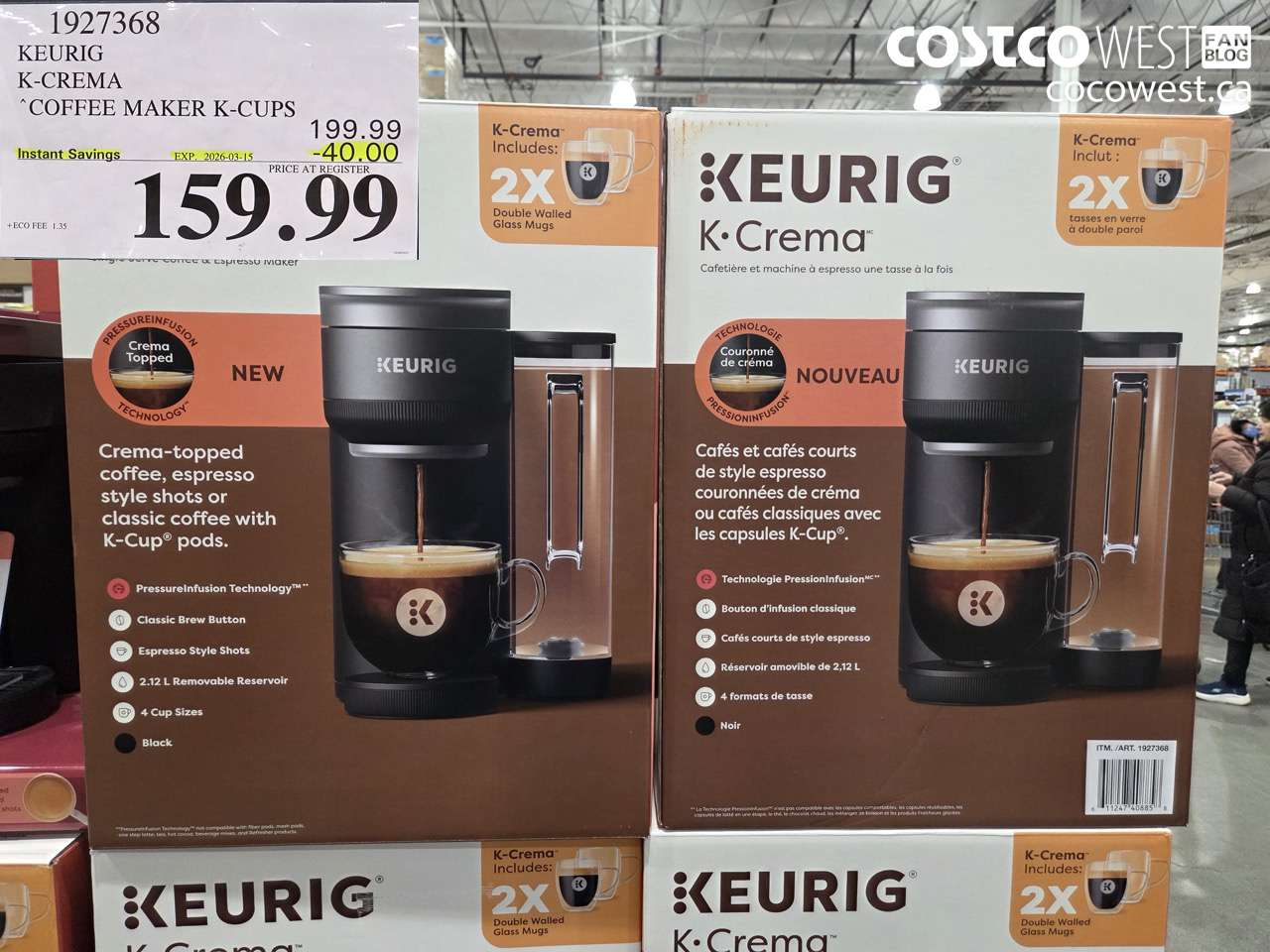 1927368 KEURIG K-CREMA COFFEE MAKER K-CUPS ($40.00 INSTANT SAVINGS EXPIRES ON 2026-03-15) $159.99