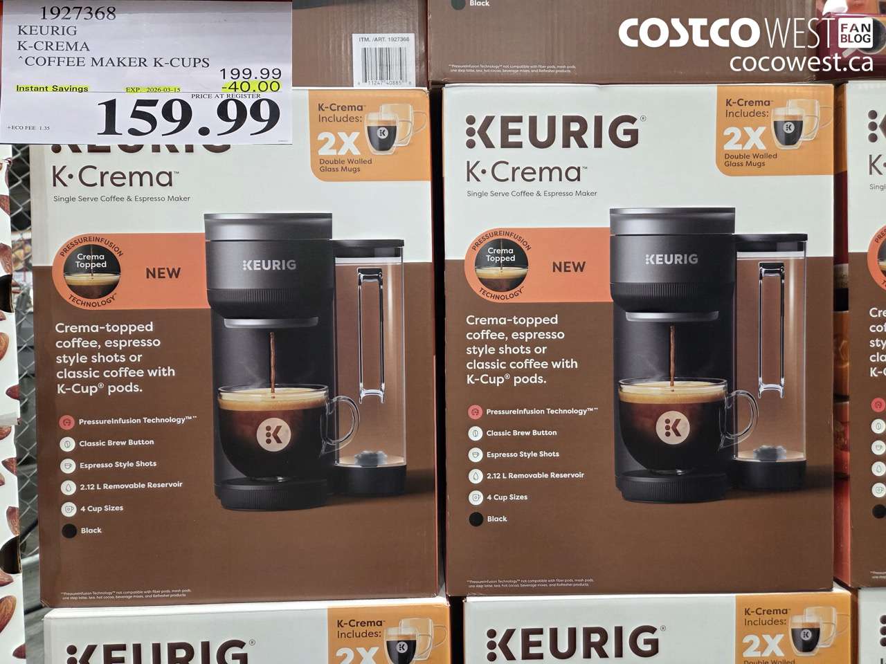 1927368 KEURIG K-CREMA COFFEE MAKER K-CUPS ($40.00 INSTANT SAVINGS EXPIRES ON 2026-03-15) $159.99