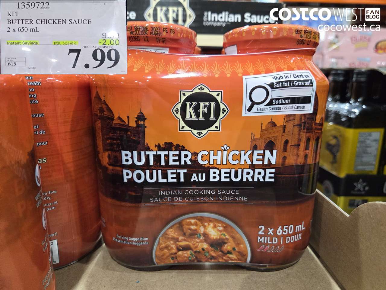 1359722 KFI BUTTER CHICKEN SAUCE 2 x 650 mL ($2.00 INSTANT SAVINGS EXPIRES ON 2026-03-01) $7.99