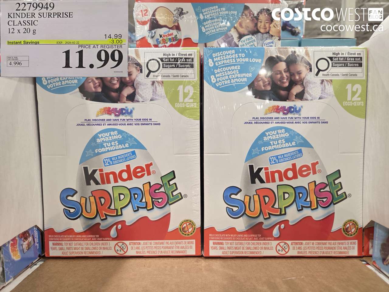 2279949 KINDER SURPRISE CLASSIC 12 x 20 g ($3.00 INSTANT SAVINGS EXPIRES ON 2026-02-22) $11.99