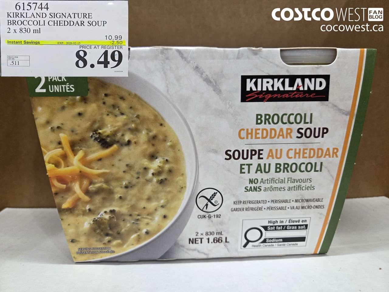 615744 KIRKLAND SIGNATURE BROCCOLI CHEDDAR SOUP 2 x 830 ml ($2.50 INSTANT SAVINGS EXPIRES ON 2026-02-15) $8.49