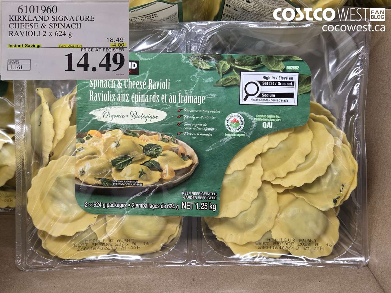 6101960 KIRKLAND SIGNATURE CHEESE & SPINACH RAVIOLI 2 X 624 G ($4.00 INSTANT SAVINGS EXPIRES ON 2026-03-01) $14.49