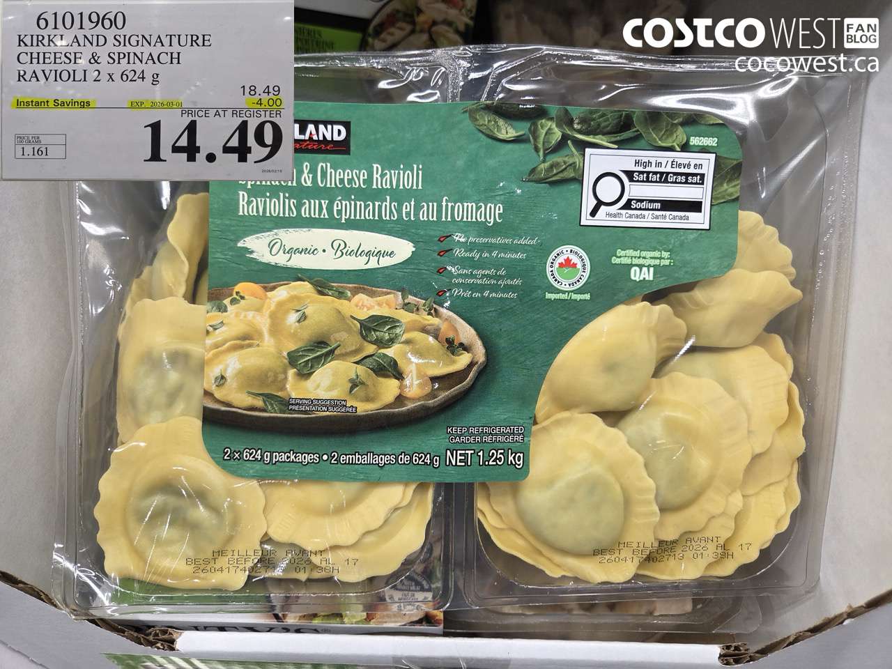 6101960 KIRKLAND SIGNATURE CHEESE & SPINACH RAVIOLI 2 x 624 g ($4.00 INSTANT SAVINGS EXPIRES ON 2026-03-01) $14.49