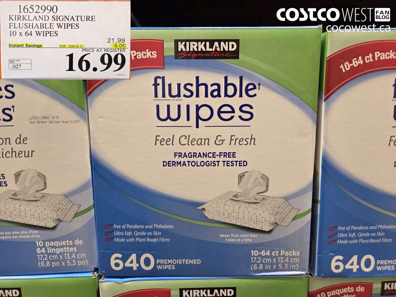 1652990 KIRKLAND SIGNATURE FLUSHABLE WIPES 10 x 64 WIPES ($5.00 INSTANT SAVINGS EXPIRES ON 2026-02-15) $16.99