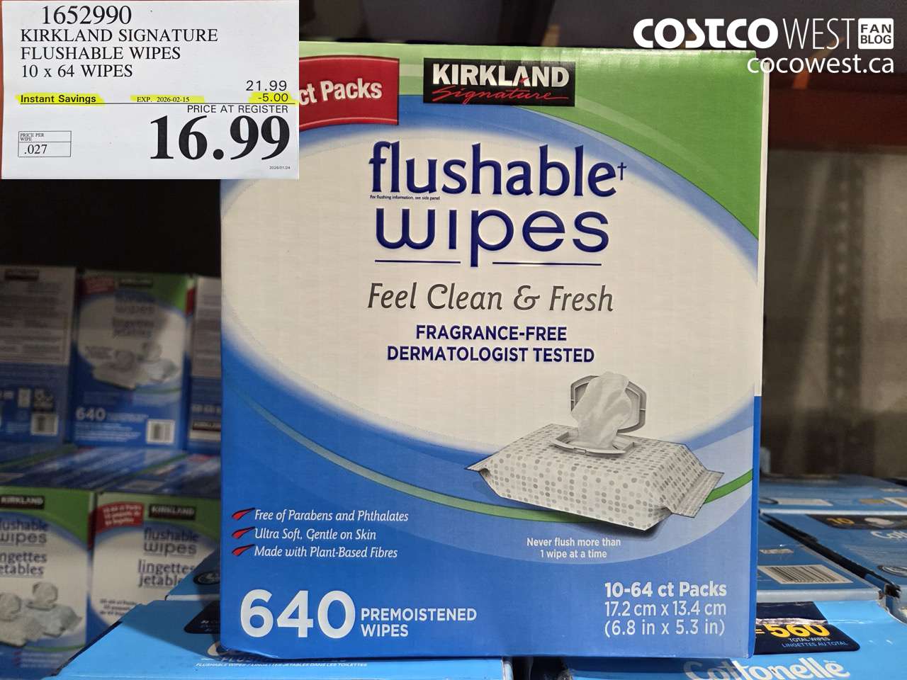 16529990 KIRKLAND SIGNATURE FLUSHABLE WIPES 10 x 64 WIPES ($5.00 INSTANT SAVINGS EXPIRES ON 2026-02-15) $16.99