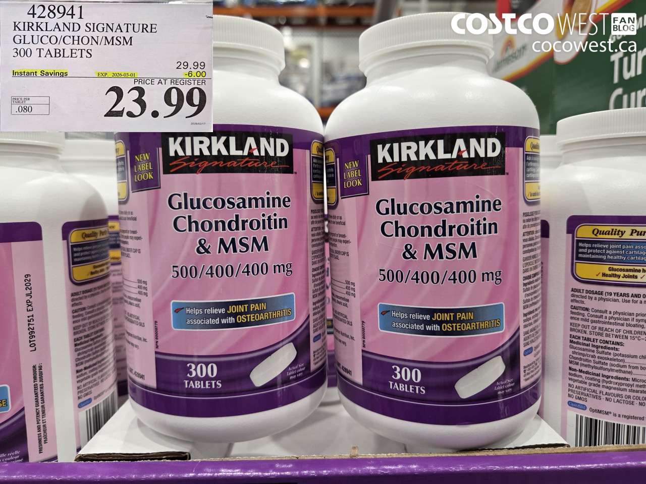 428941 KIRKLAND SIGNATURE GLUCO/CHON/MSM 300 TABLETS ($6.00 INSTANT SAVINGS EXPIRES ON 2026-03-01) $23.99