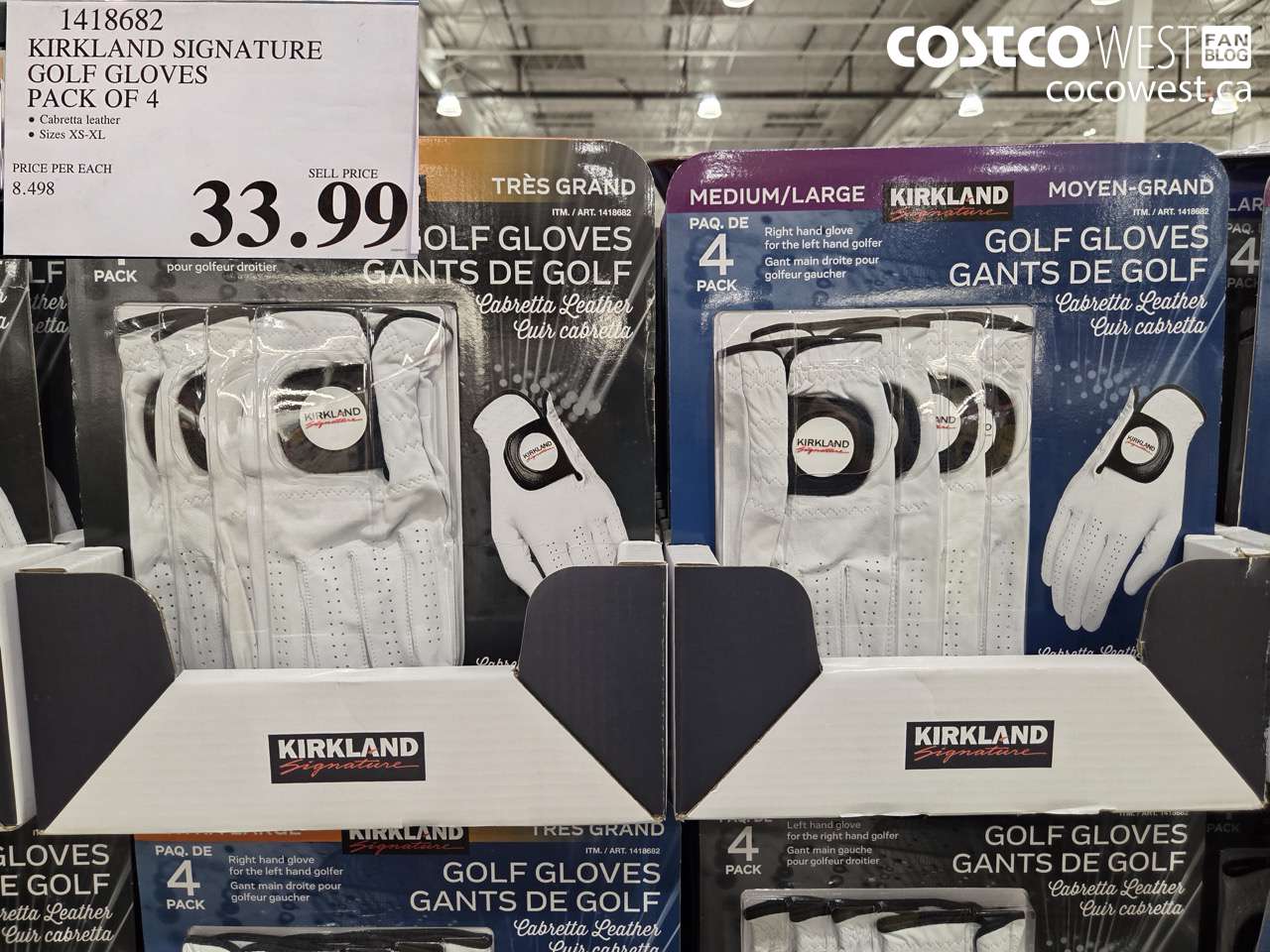 1418682 KIRKLAND SIGNATURE GOLF GLOVES PACK OF 4 $33.99