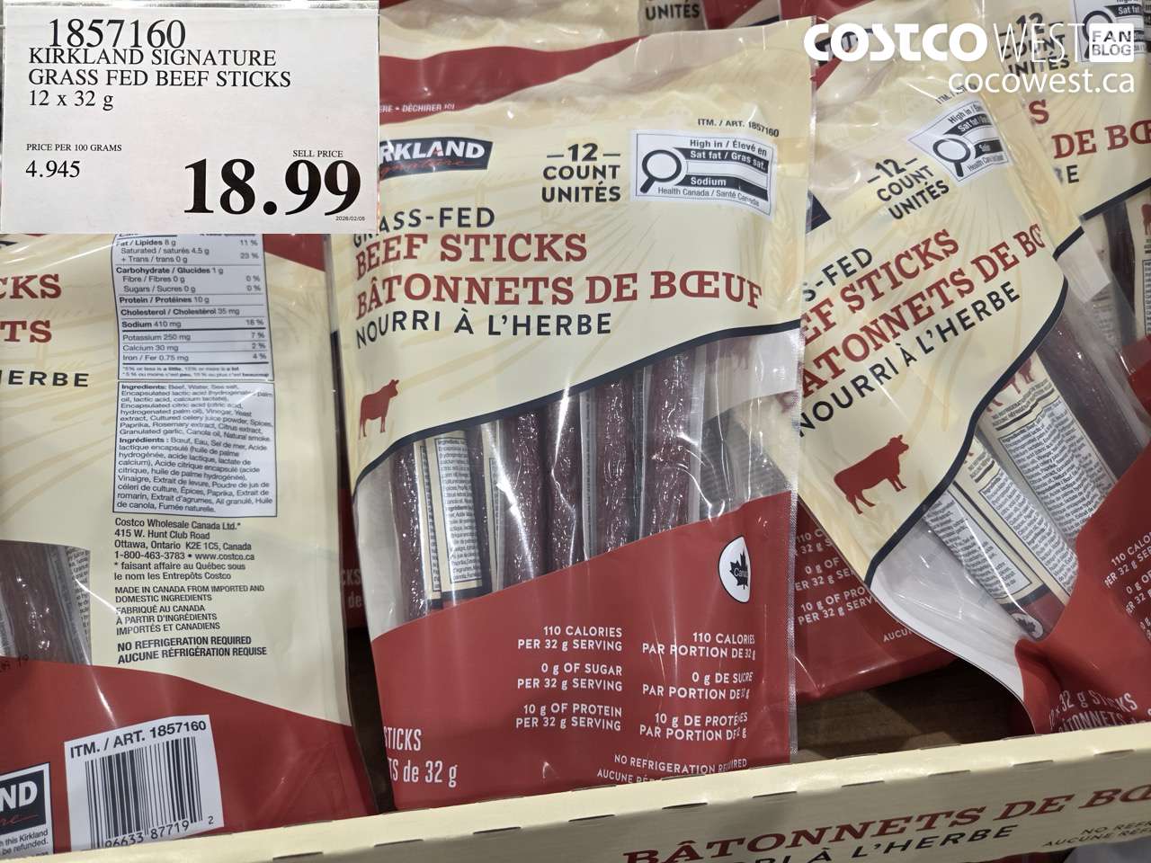 1857160 KIRKLAND SIGNATURE GRASS FED BEEF STICKS 12 x 32 g $18.99