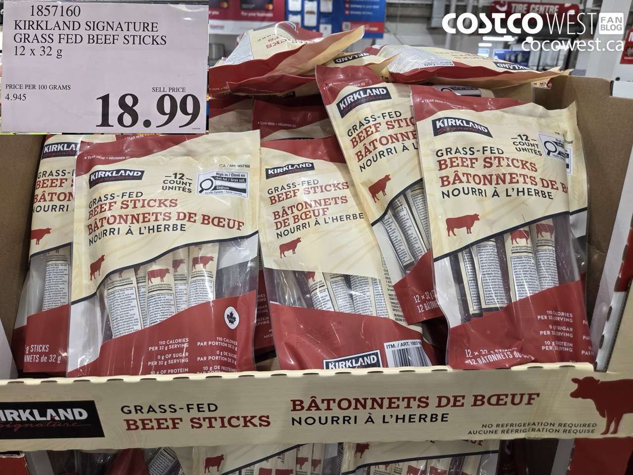 1857160 KIRKLAND SIGNATURE GRASS FED BEEF STICKS 12 x 32 g $18.99