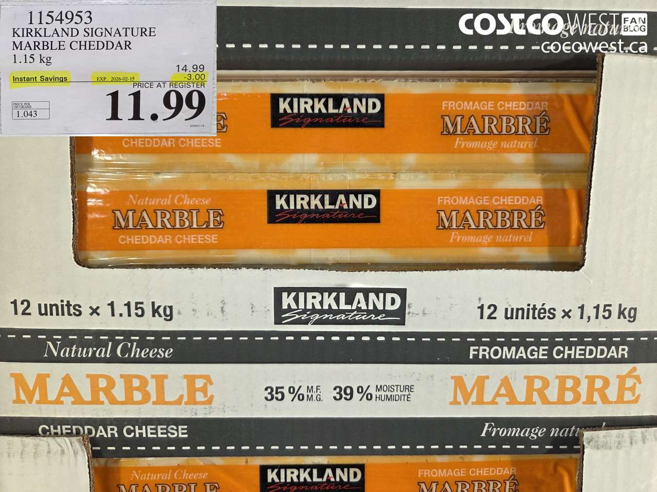 1154953 KIRKLAND SIGNATURE MARBLE CHEDDAR 1.15 kg ($3.00 INSTANT SAVINGS EXPIRES ON 2026-02-15) $11.99
