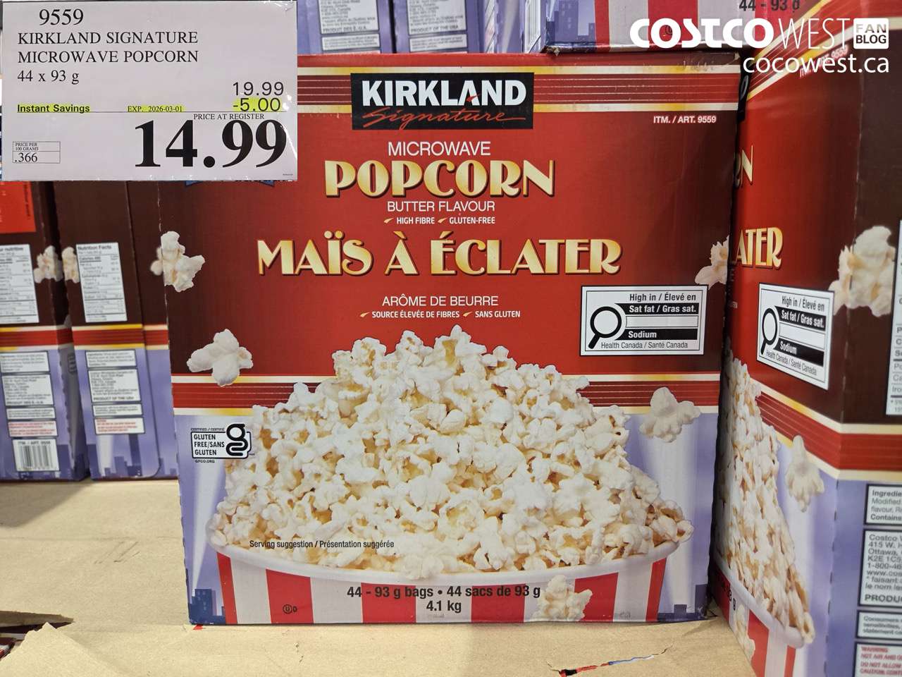 9559 KIRKLAND SIGNATURE MICROWAVE POPCORN 44 X 93 G ($5.00 INSTANT SAVINGS EXPIRES ON 2026-03-01) $14.99