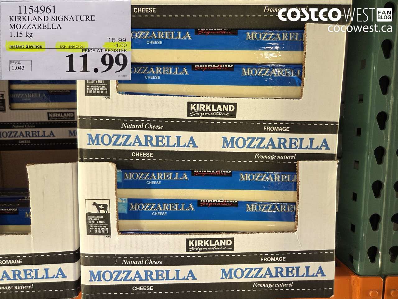 1154961 KIRKLAND SIGNATURE MOZZARELLA 1.15 KG ($4.00 INSTANT SAVINGS EXPIRES ON 2026-03-01) $11.99