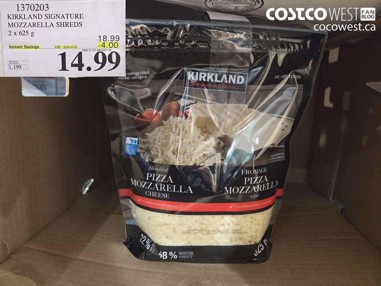 1370203 KIRKLAND SIGNATURE MOZZARELLA SHREDS 2 X 625G ($4.00 INSTANT SAVINGS EXPIRES ON 2026-03-01) $14.99