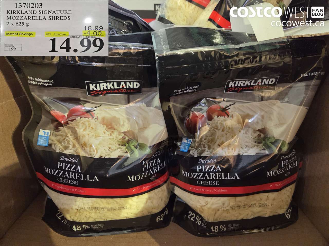 1370203 KIRKLAND SIGNATURE MOZZARELLA SHREDS 2 X 625G ($4.00 INSTANT SAVINGS EXPIRES ON 2026-03-01) $14.99