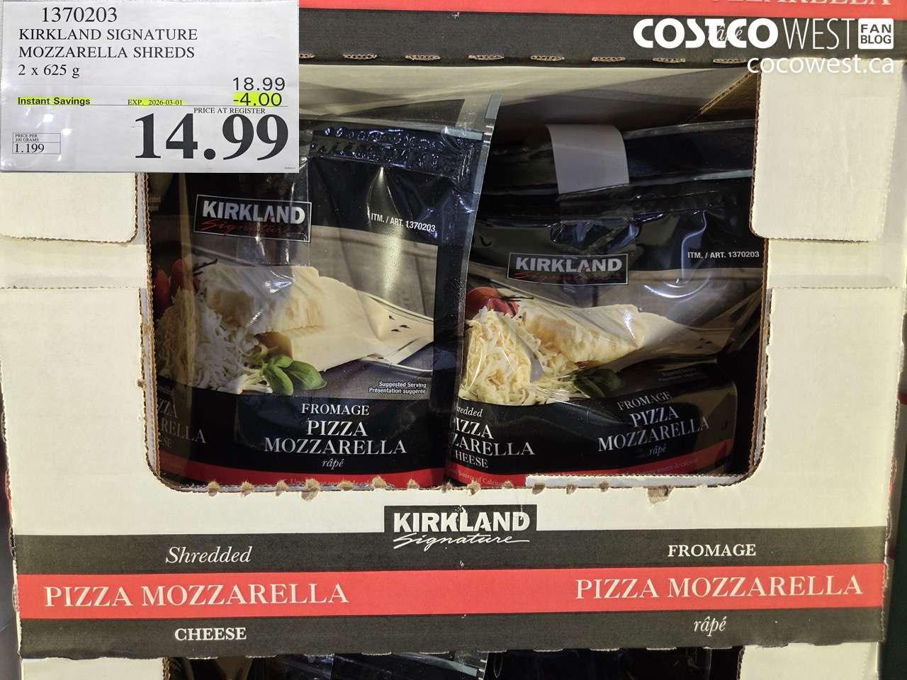 1370203 KIRKLAND SIGNATURE MOZZARELLA SHREDS 2 x 625 g ($4.00 INSTANT SAVINGS EXPIRES ON 2026-03-01) $14.99