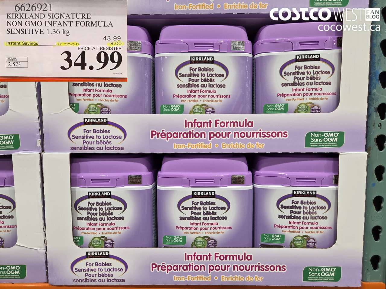 6626921 KIRKLAND SIGNATURE NON GMO INFANT FORMULA SENSITIVE 1.36 kg ($9.00 INSTANT SAVINGS EXPIRES ON 2026-03-15) $34.99