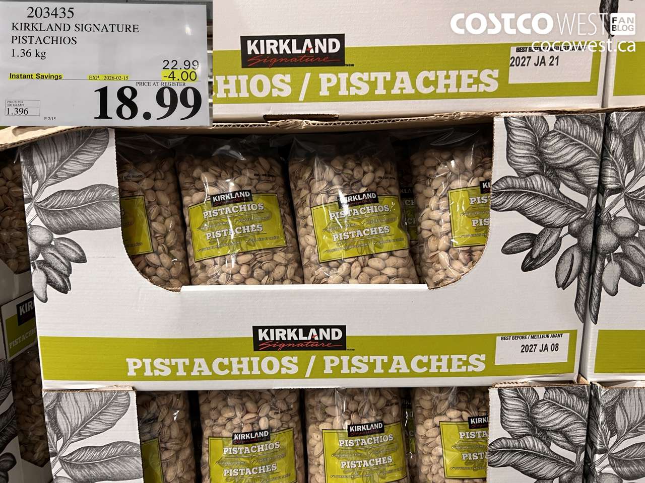 203435 KIRKLAND SIGNATURE PISTACHIOS 1.36KG ($4.00 INSTANT SAVINGS EXPIRES ON 2026-02-15) $18.99