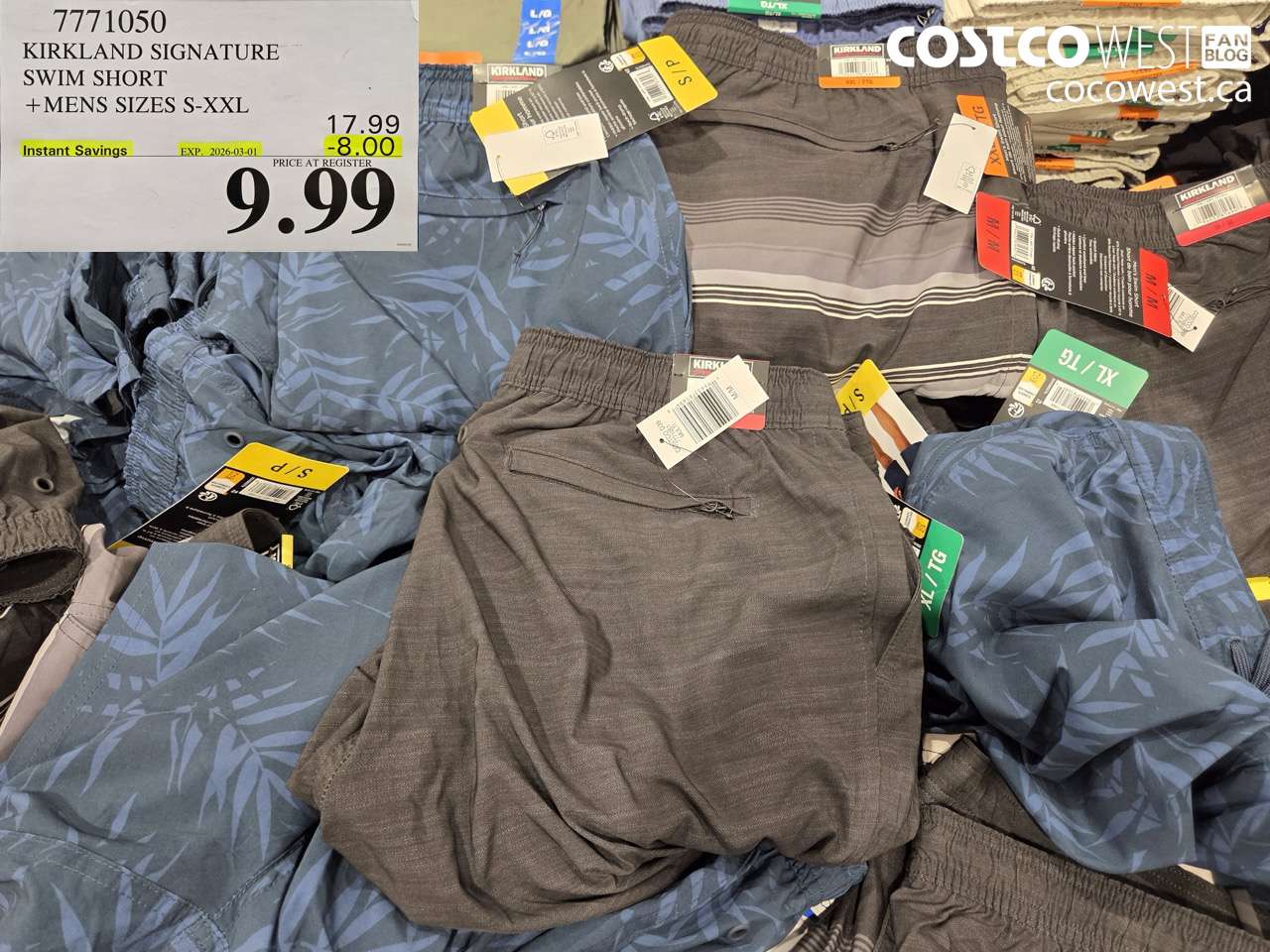 7771050 KIRKLAND SIGNATURE SWIM SHORT +MENS SIZES S-XXL ($8.00 INSTANT SAVINGS EXPIRES ON 2026-03-01) $9.99