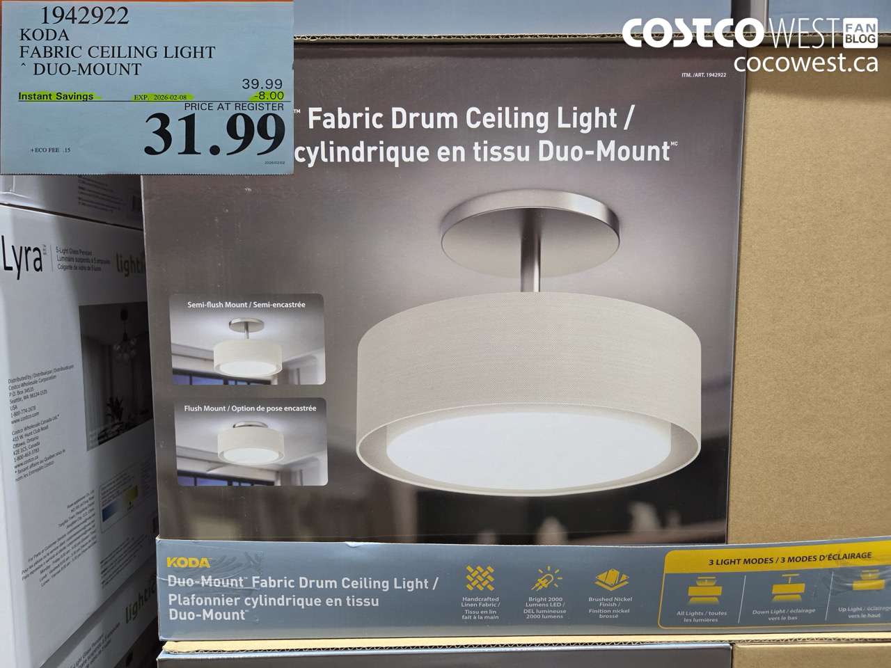 1942922 KODA FABRIC CEILING LIGHT DUO-MOUNT (EXPIRES ON 2026-02-08) $31.99