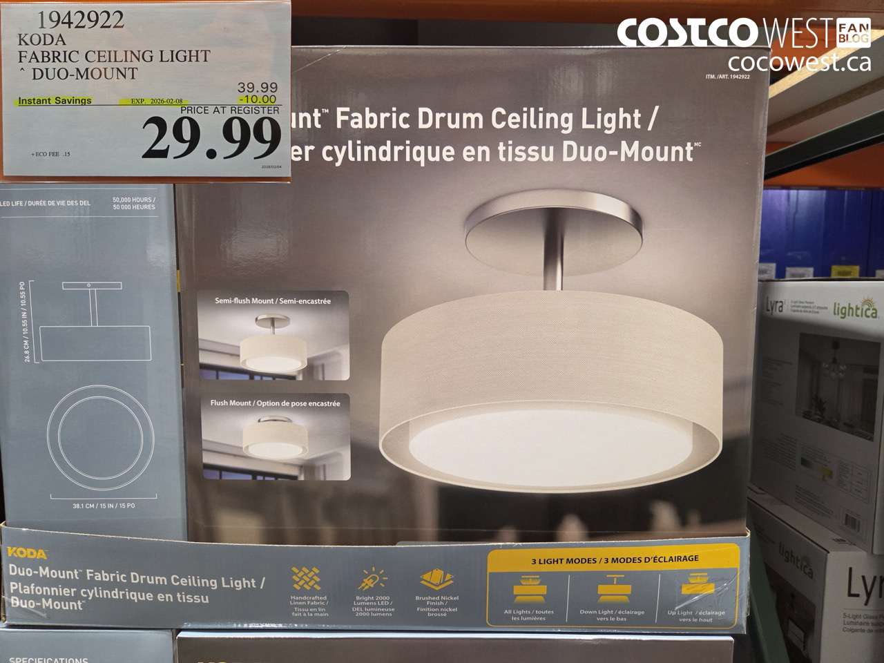 1942922 KODA FABRIC CEILING LIGHT DUO-MOUNT ($10.00 INSTANT SAVINGS EXPIRES ON 2026-02-08) $29.99