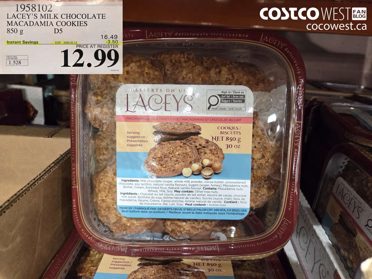 1958102 LACEY'S MILK CHOCOLATE MACADAMIA COOKIES 850 g ($3.50 INSTANT SAVINGS EXPIRES ON 2026-02-12) $12.99