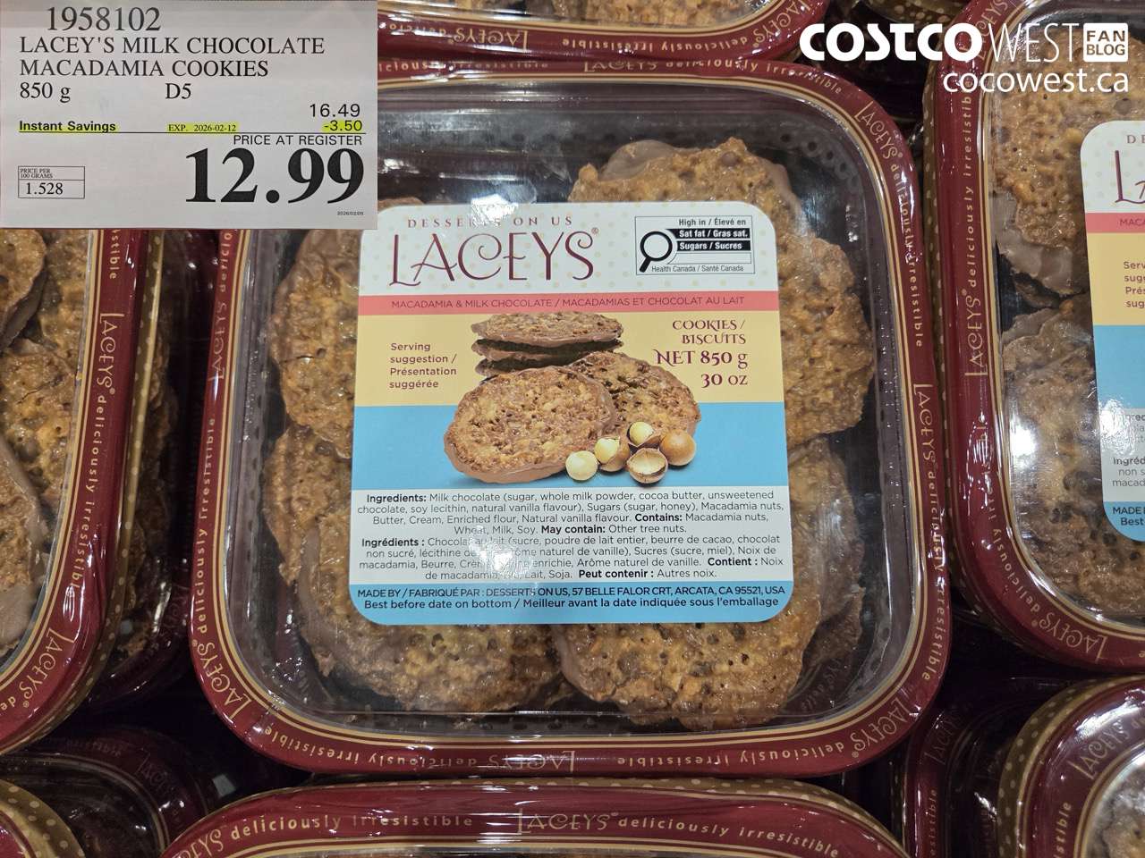 1958102 LACEY'S MILK CHOCOLATE MACADAMIA COOKIES 850 g ($3.50 INSTANT SAVINGS EXPIRES ON 2026-02-12) $12.99