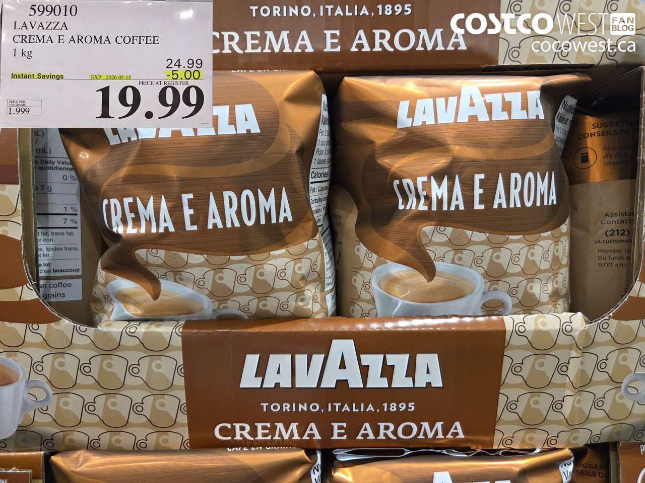 599010 LAVAZZA CREMA E AROMA COFFEE 1 KG ($5.00 INSTANT SAVINGS EXPIRES ON 2026-03-15) $19.99